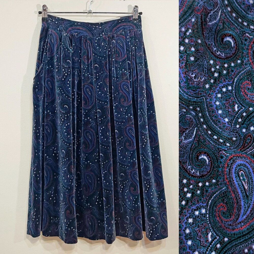 EUC Vintage Paisley Velvet Pleated Midi Skirt Blue Carroll Reed tag 8, 4 fit (S)